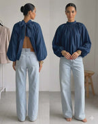 Blouse manches longues bleue marine et rose