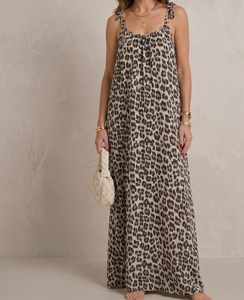 Robe longue motif léopard 100% gaze de coton
