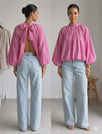 Blouse manches longues bleue marine et rose