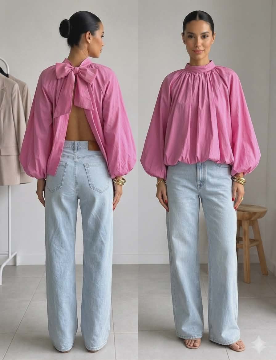 Blouse manches longues bleue marine et rose