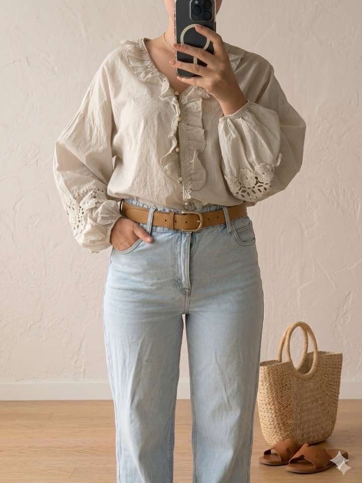 Blouse avec motifs dentelle et Volants écrue / crème
