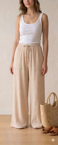 Pantalon en gaze de coton beige avec poches