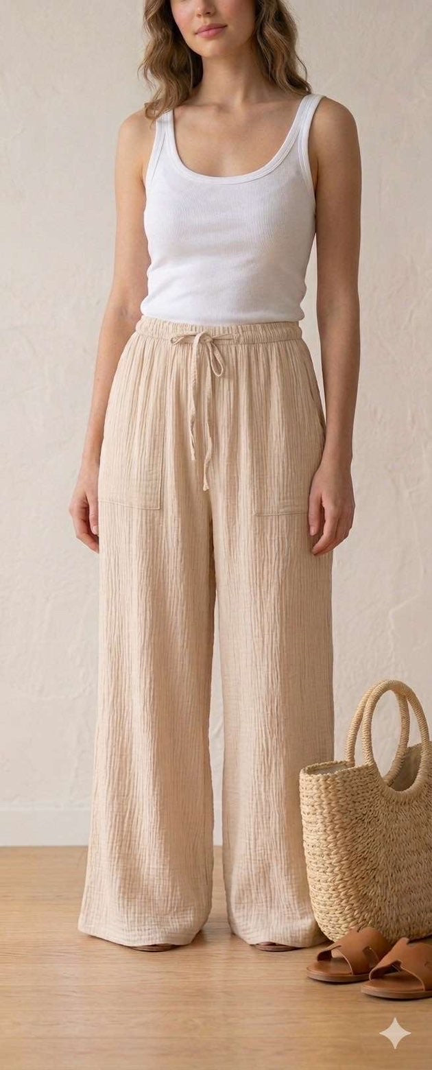 Pantalon en gaze de coton beige avec poches